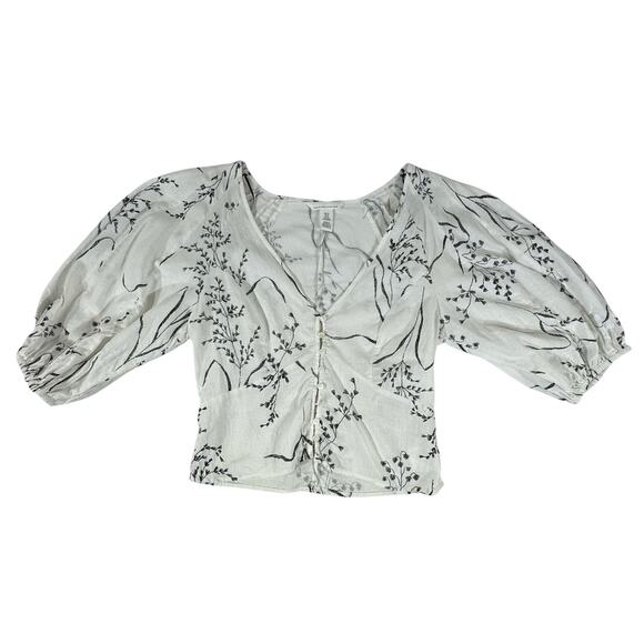 H&M Crop Top Size XS White Floral Deep Vneck Balloon Sleeves Linen Blend - Picture 6 of 9